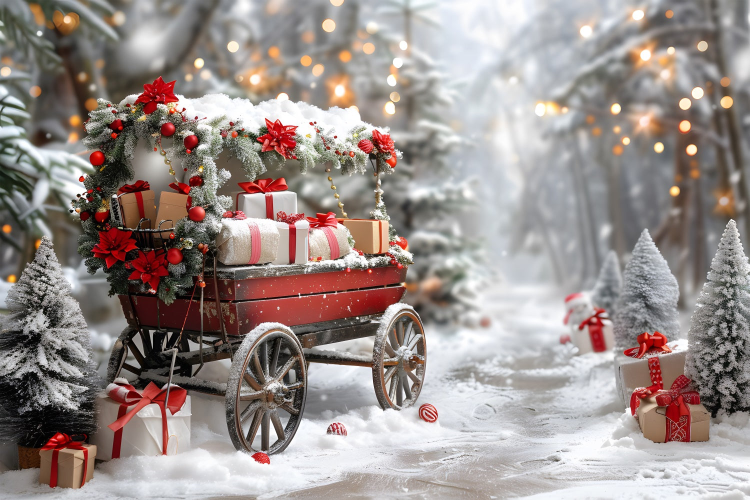 Toile de fond de Noël Chariot de Cadeaux dans un Hiver Merveilleux RR7-596