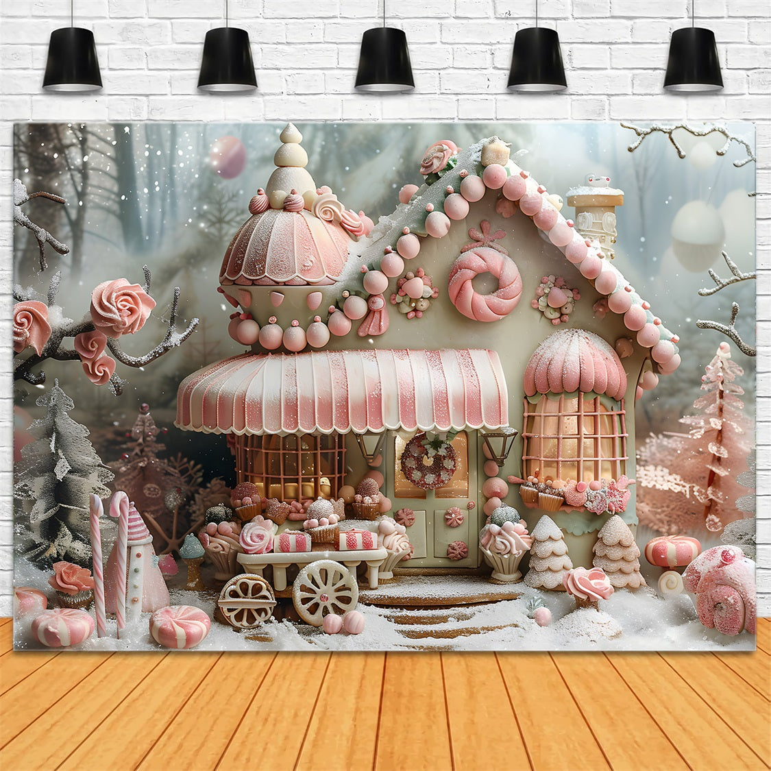 Toile de fond de Noël Cottage en Bonbon Pain d’Épice RR7-597