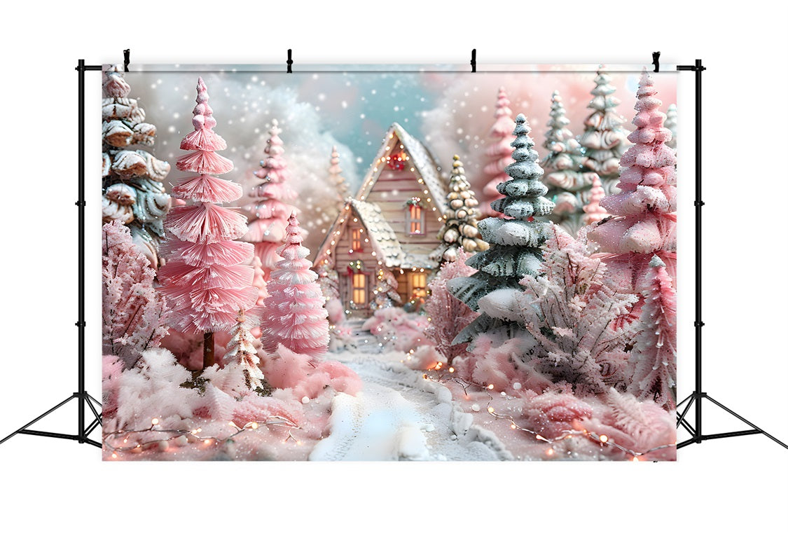 Toile de fond de Noël Cottage Fantaisie Rose en Forêt Hivernale RR7-600