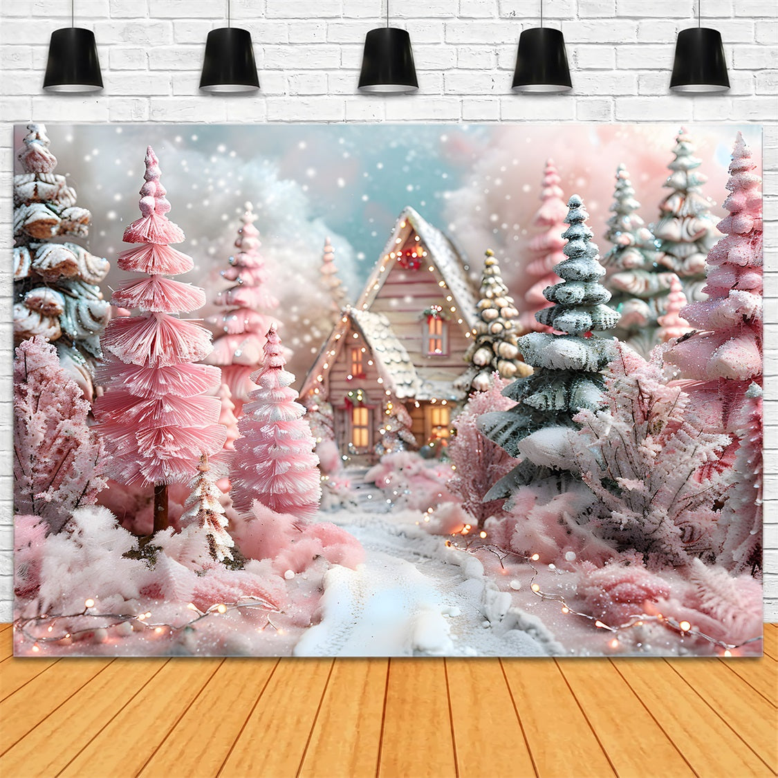 Toile de fond de Noël Cottage Fantaisie Rose en Forêt Hivernale RR7-600