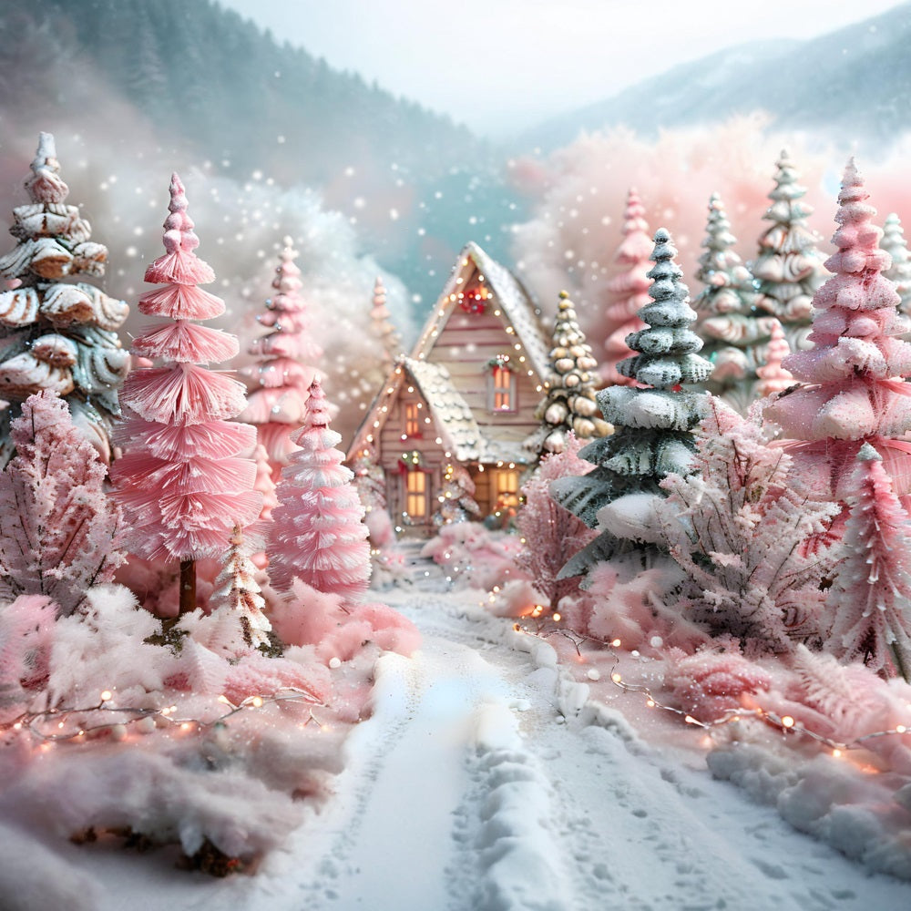 Toile de fond de Noël Cottage Fantaisie Rose en Forêt Hivernale RR7-600