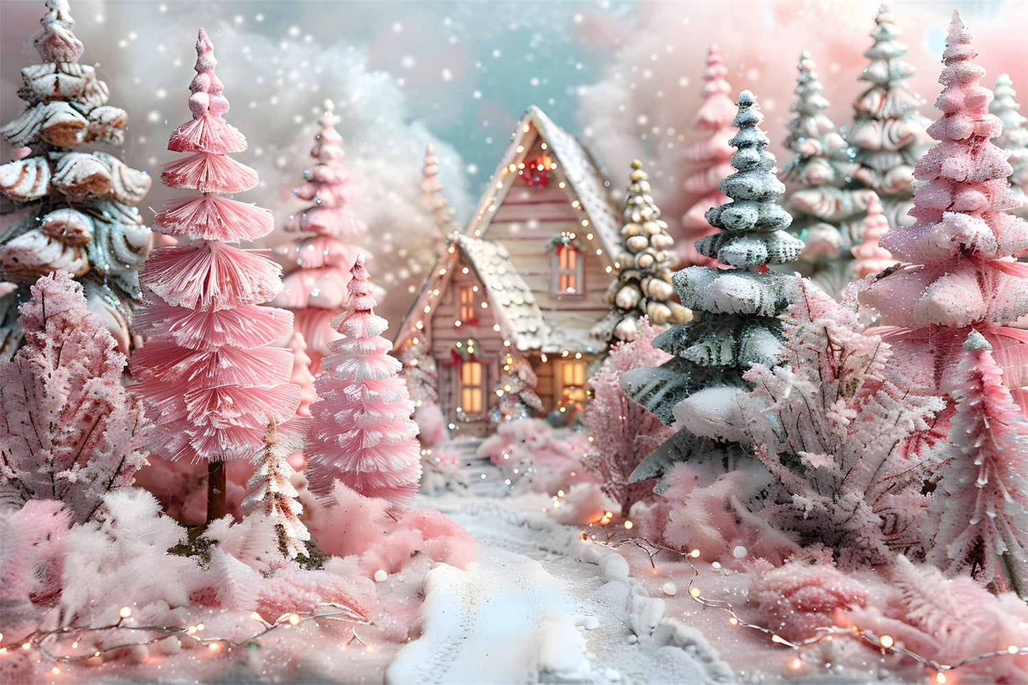 Toile de fond de Noël Cottage Fantaisie Rose en Forêt Hivernale RR7-600