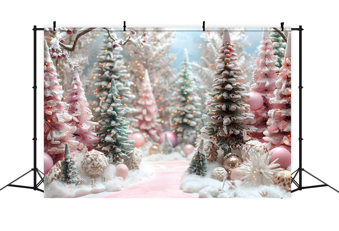 Toile de fond de Noël Forêt Rose avec Arbres Décorés RR7-601