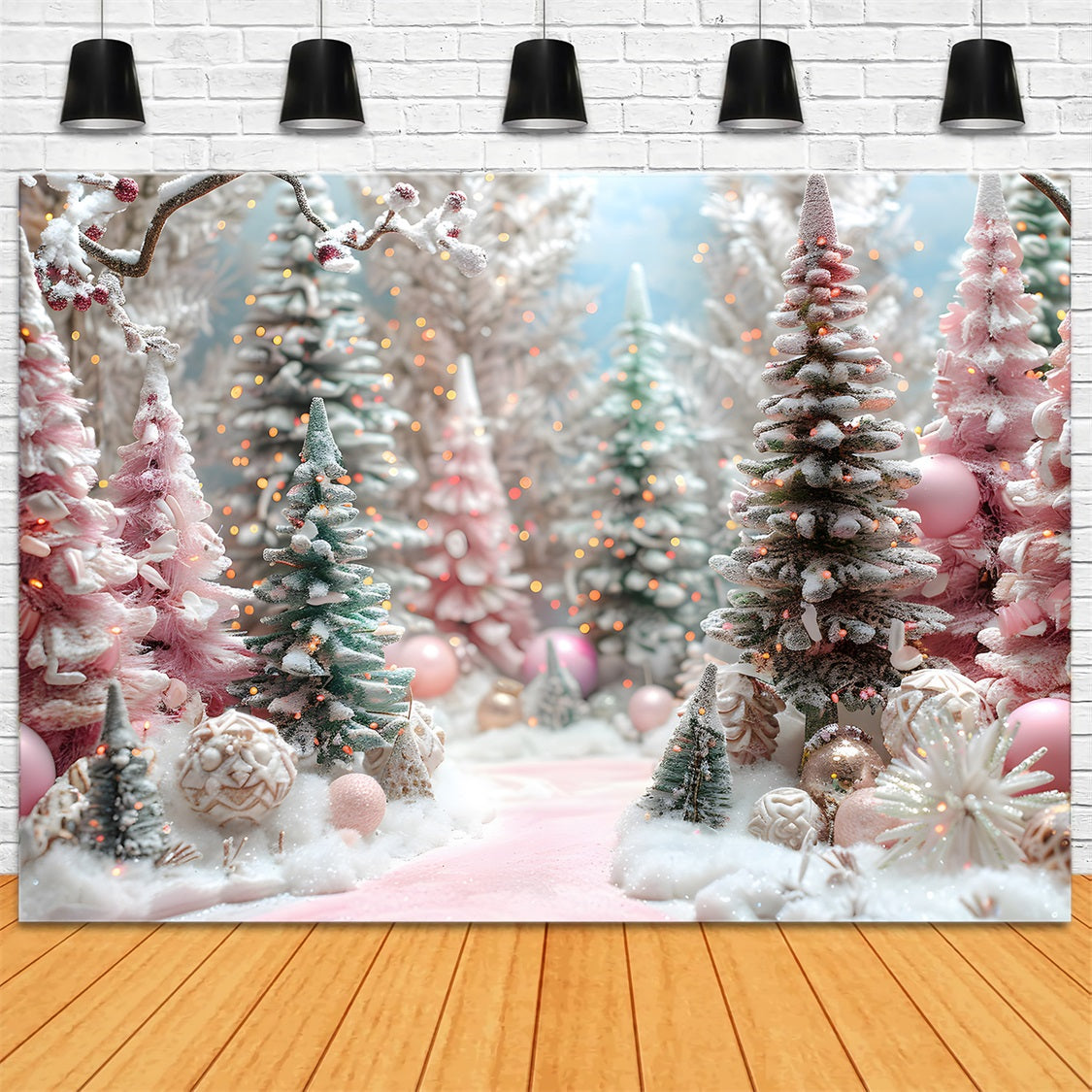Toile de fond de Noël Forêt Rose avec Arbres Décorés RR7-601