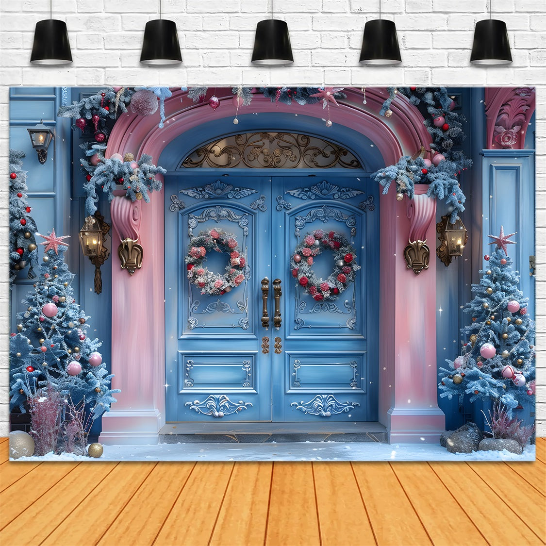 Toile de fond de Noël Entrée Festive Rose et Bleue RR7-602