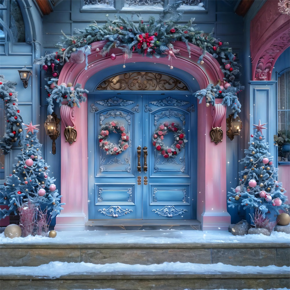 Toile de fond de Noël Entrée Festive Rose et Bleue RR7-602