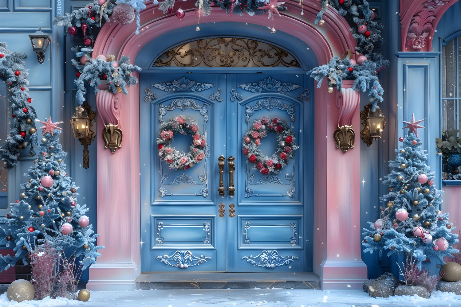 Toile de fond de Noël Entrée Festive Rose et Bleue RR7-602