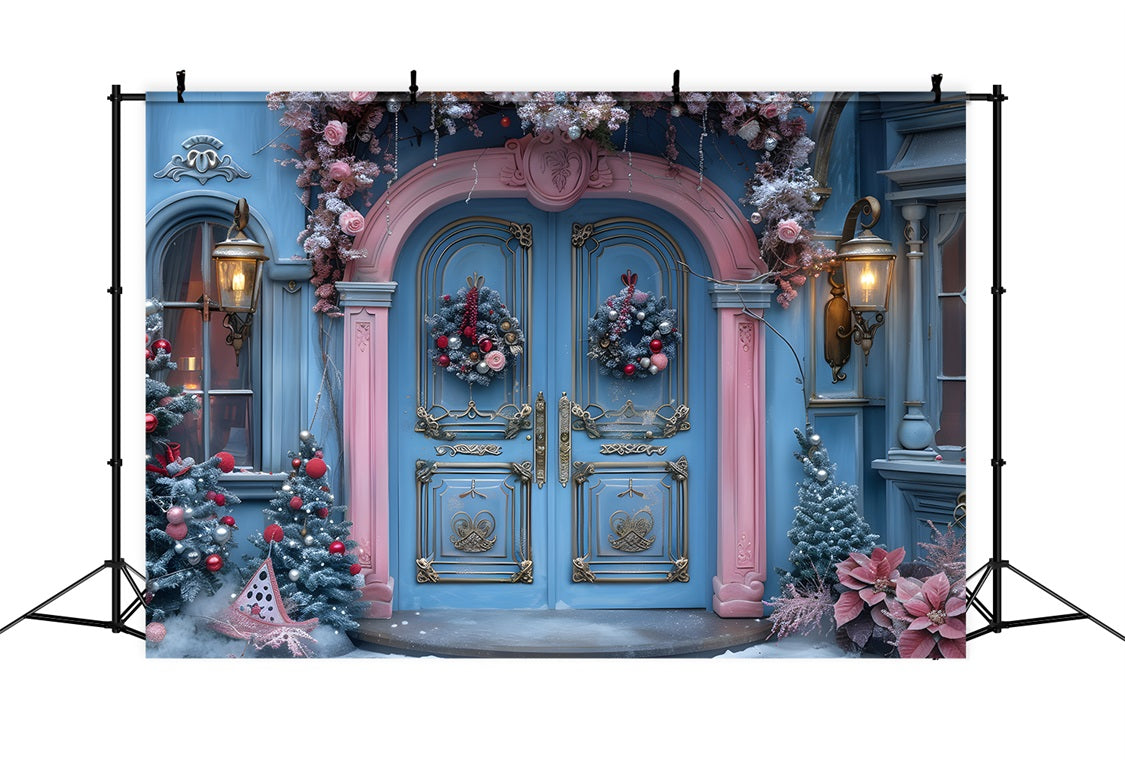 Toile de fond de Noël Entrée Festive Bleue et Rose RR7-603