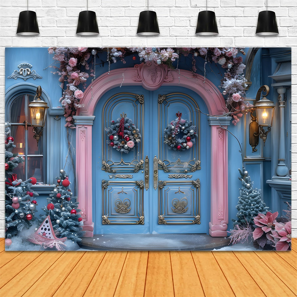 Toile de fond de Noël Entrée Festive Bleue et Rose RR7-603