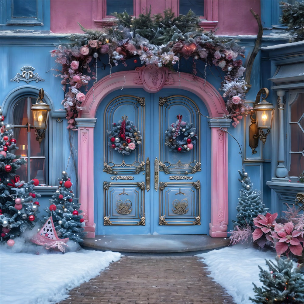 Toile de fond de Noël Entrée Festive Bleue et Rose RR7-603