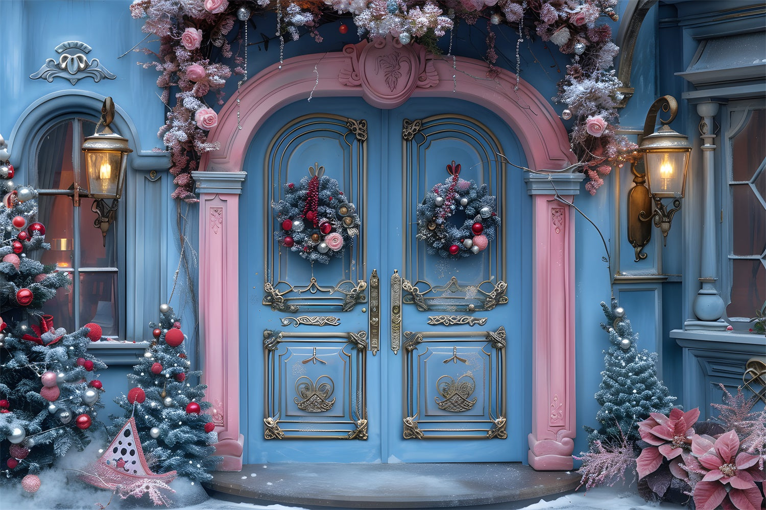 Toile de fond de Noël Entrée Festive Bleue et Rose RR7-603