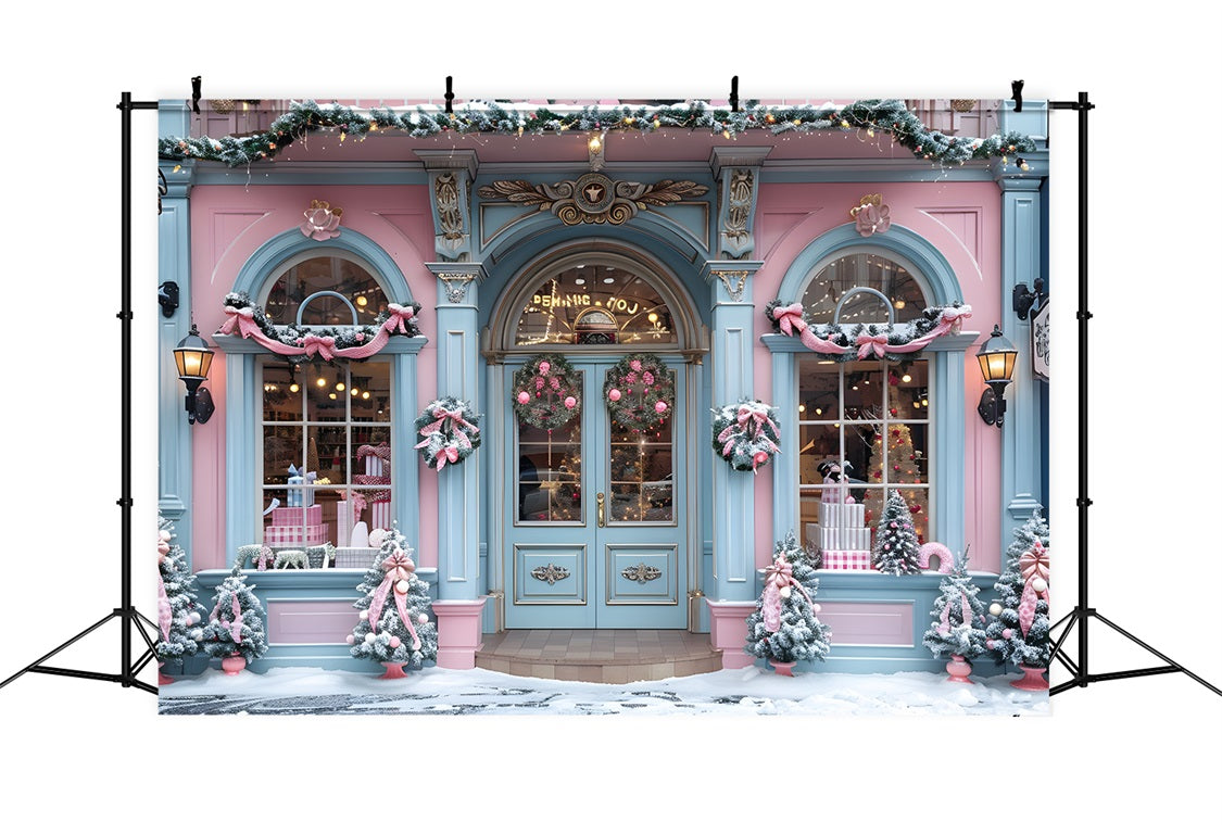 Toile de fond de Noël Façade de Boutique Festive Rose et Bleue RR7-604