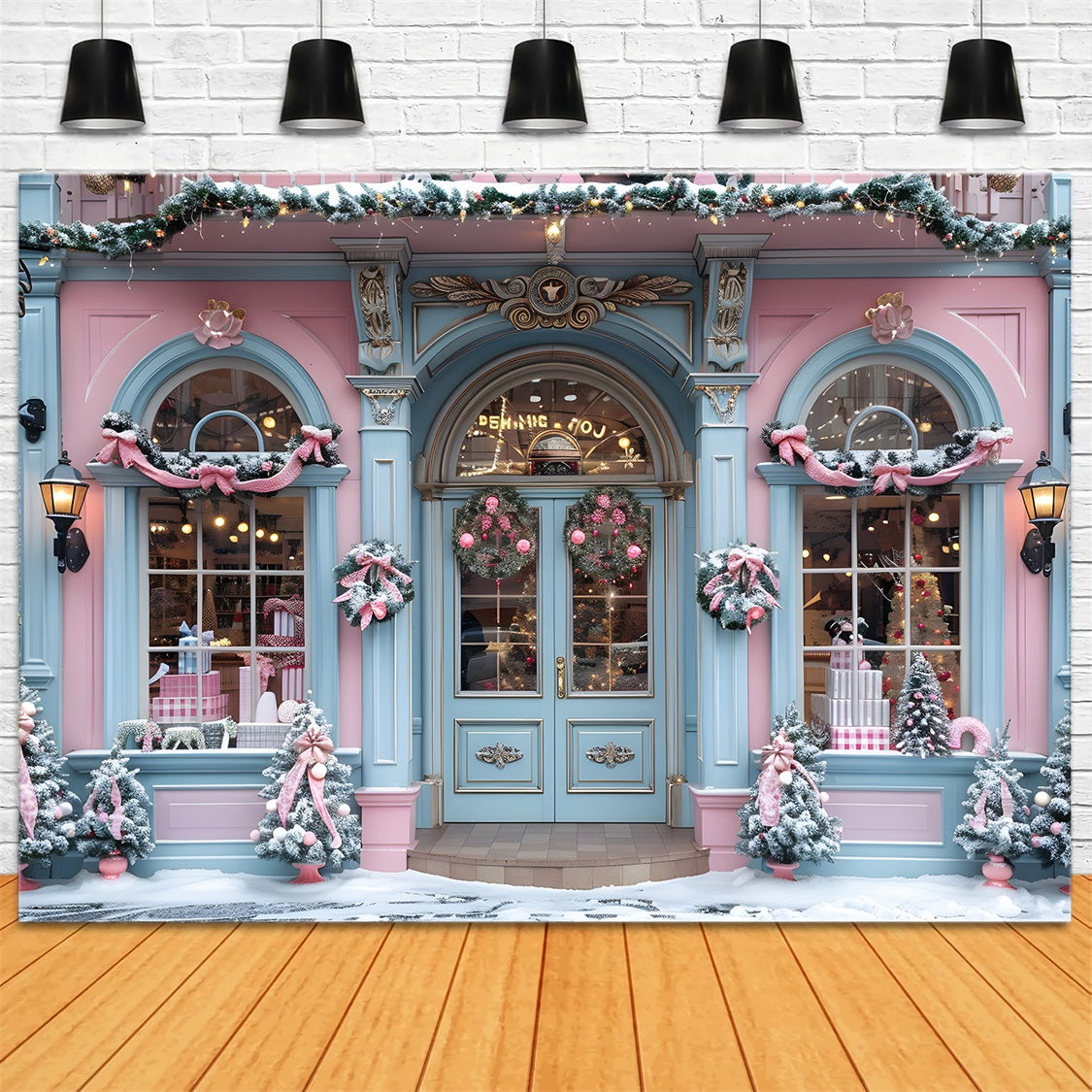 Toile de fond de Noël Façade de Boutique Festive Rose et Bleue RR7-604