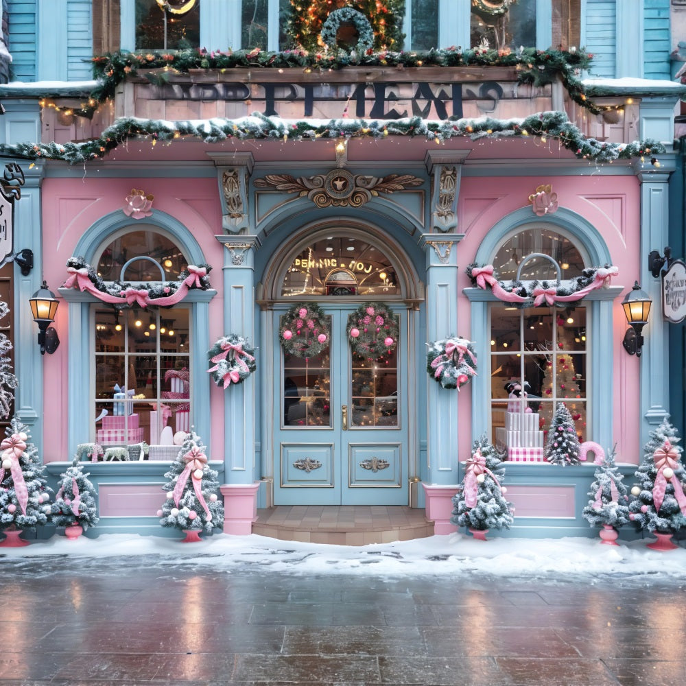 Toile de fond de Noël Façade de Boutique Festive Rose et Bleue RR7-604