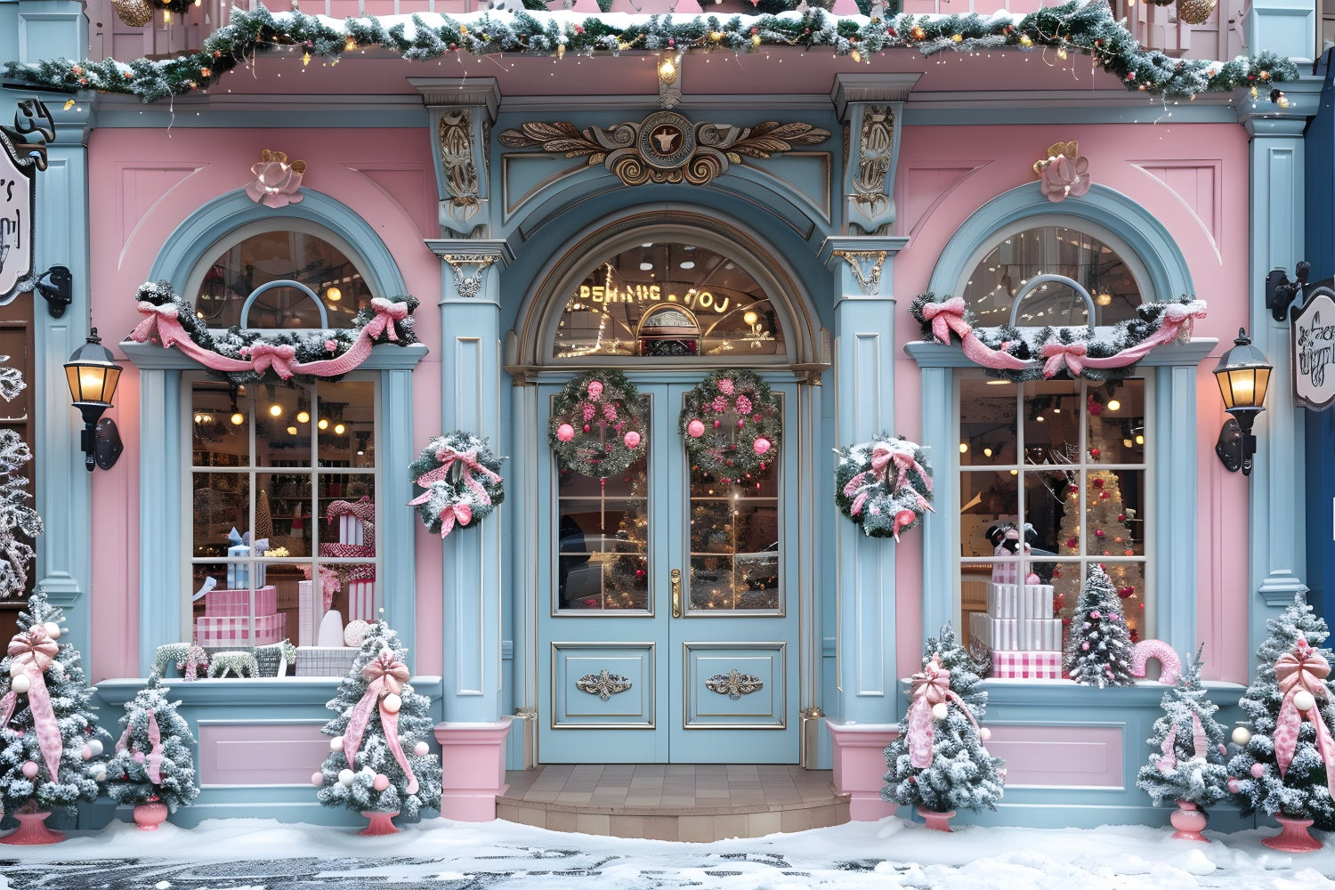Toile de fond de Noël Façade de Boutique Festive Rose et Bleue RR7-604