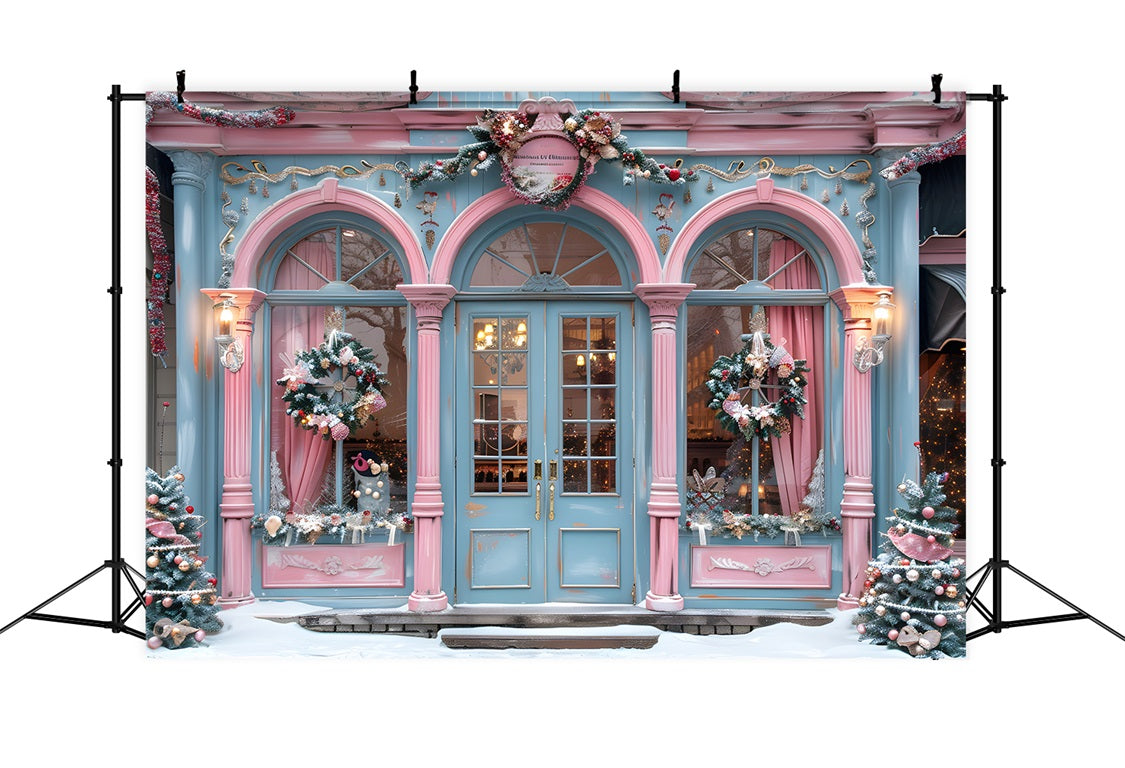 Toile de fond de Noël Façade de Boutique Élégante Rose et Bleue RR7-605