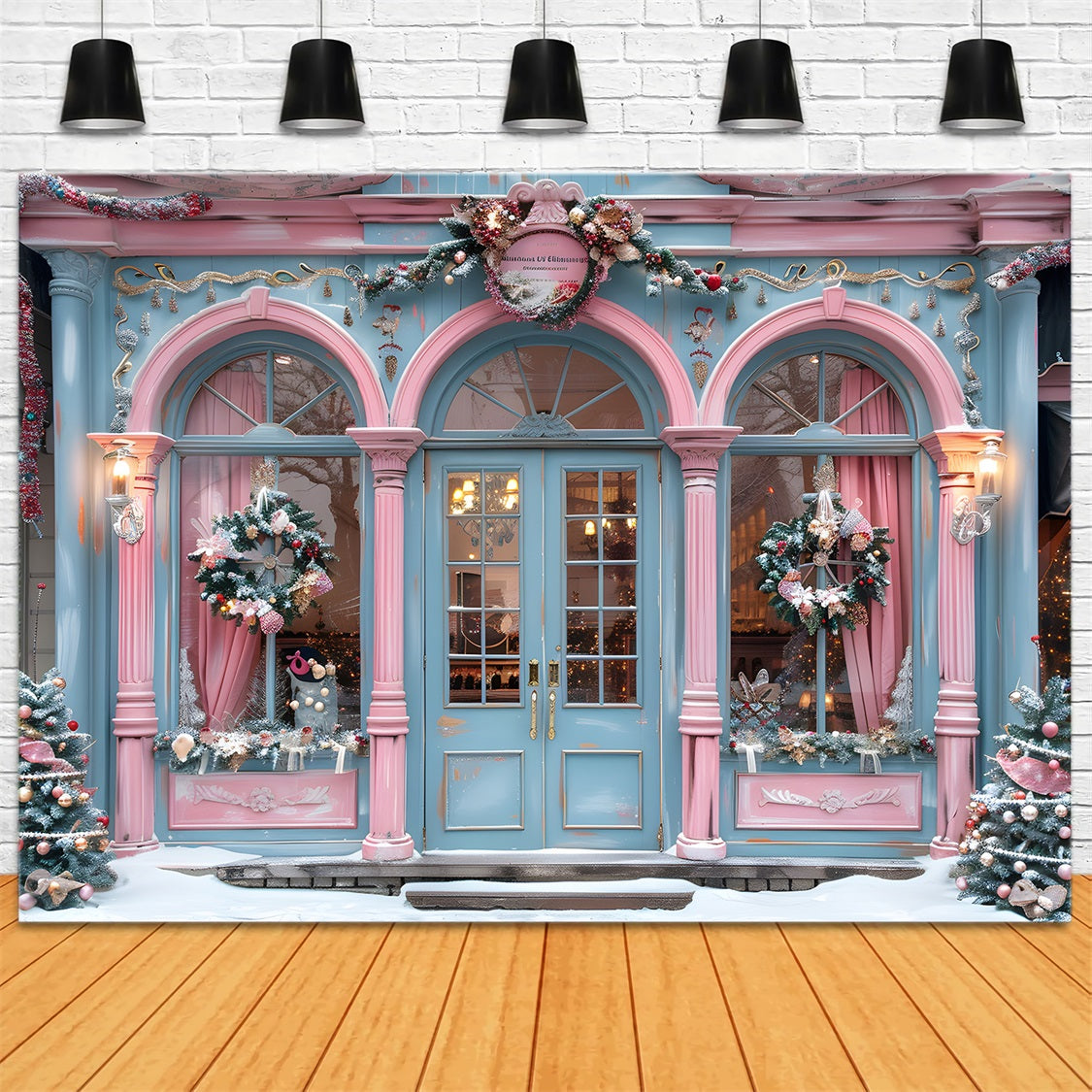Toile de fond de Noël Façade de Boutique Élégante Rose et Bleue RR7-605