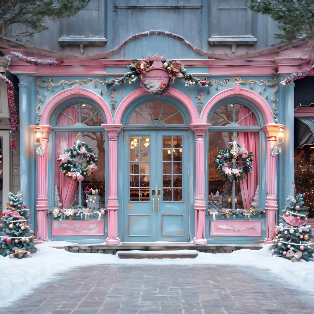 Toile de fond de Noël Façade de Boutique Élégante Rose et Bleue RR7-605