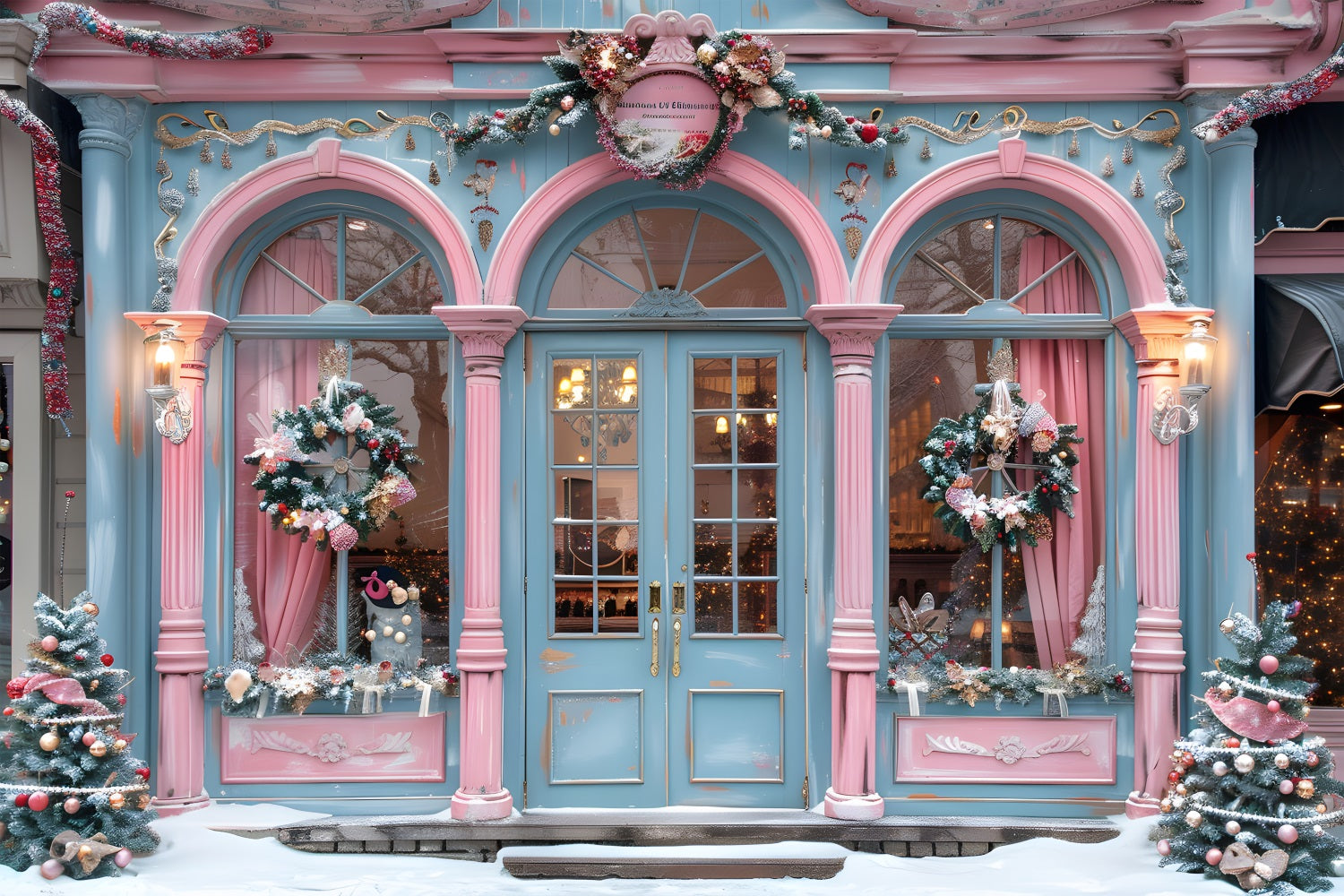 Toile de fond de Noël Façade de Boutique Élégante Rose et Bleue RR7-605