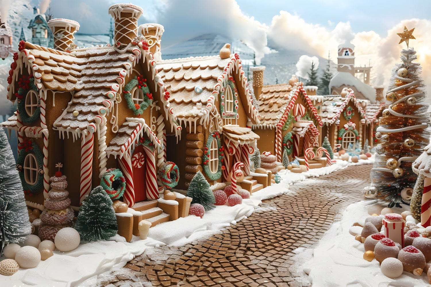 Toile De Fond Noël 2,1x1,5m - Château, Village Elfique Et Bonhomme De Neige Pour Décor Photo Magique