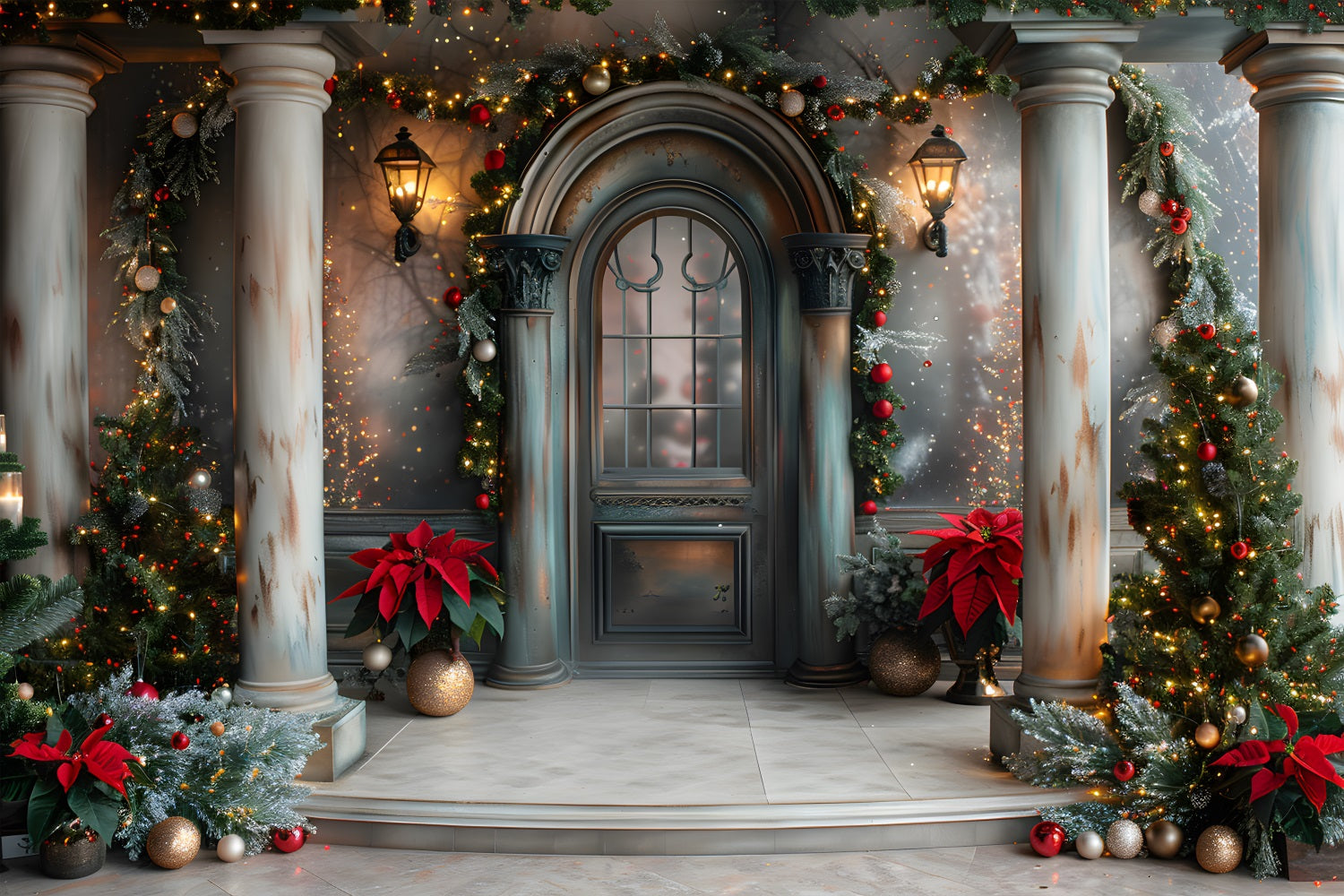 Toile de fond de Noël Entrée Élégante à Colonnes RR7-609