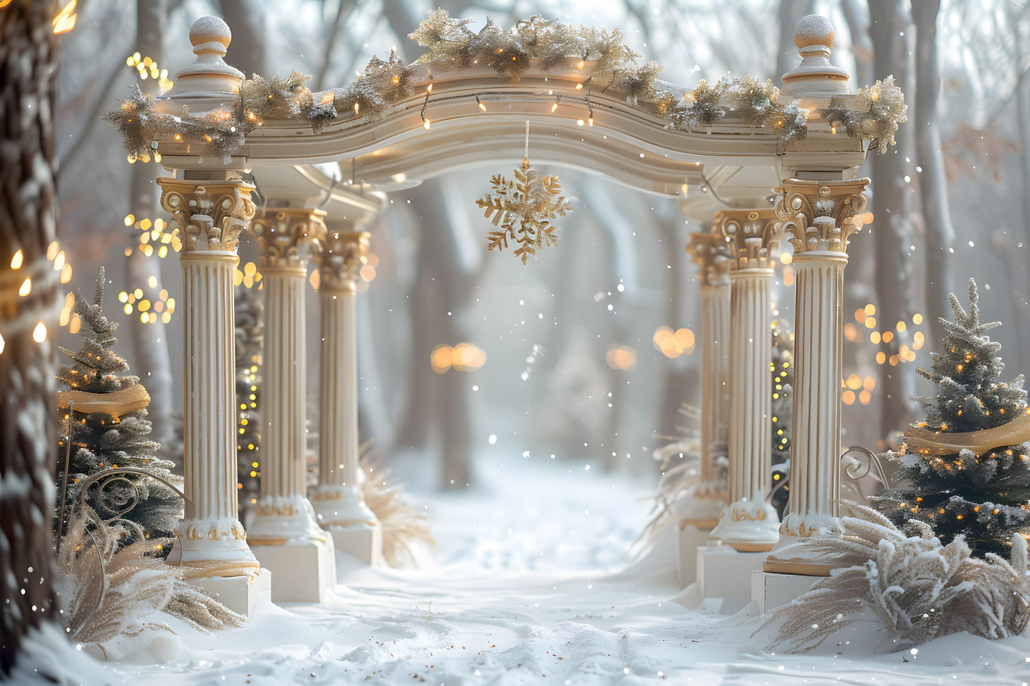 Toile de fond de Noël Arche Enneigée avec Flocons RR7-613