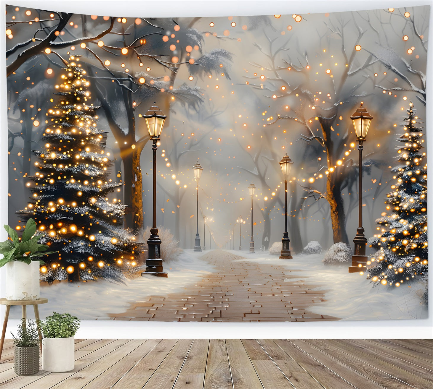 Toile de fond de Noël Chemin Lanternes et Arbres de Noël RR7-616
