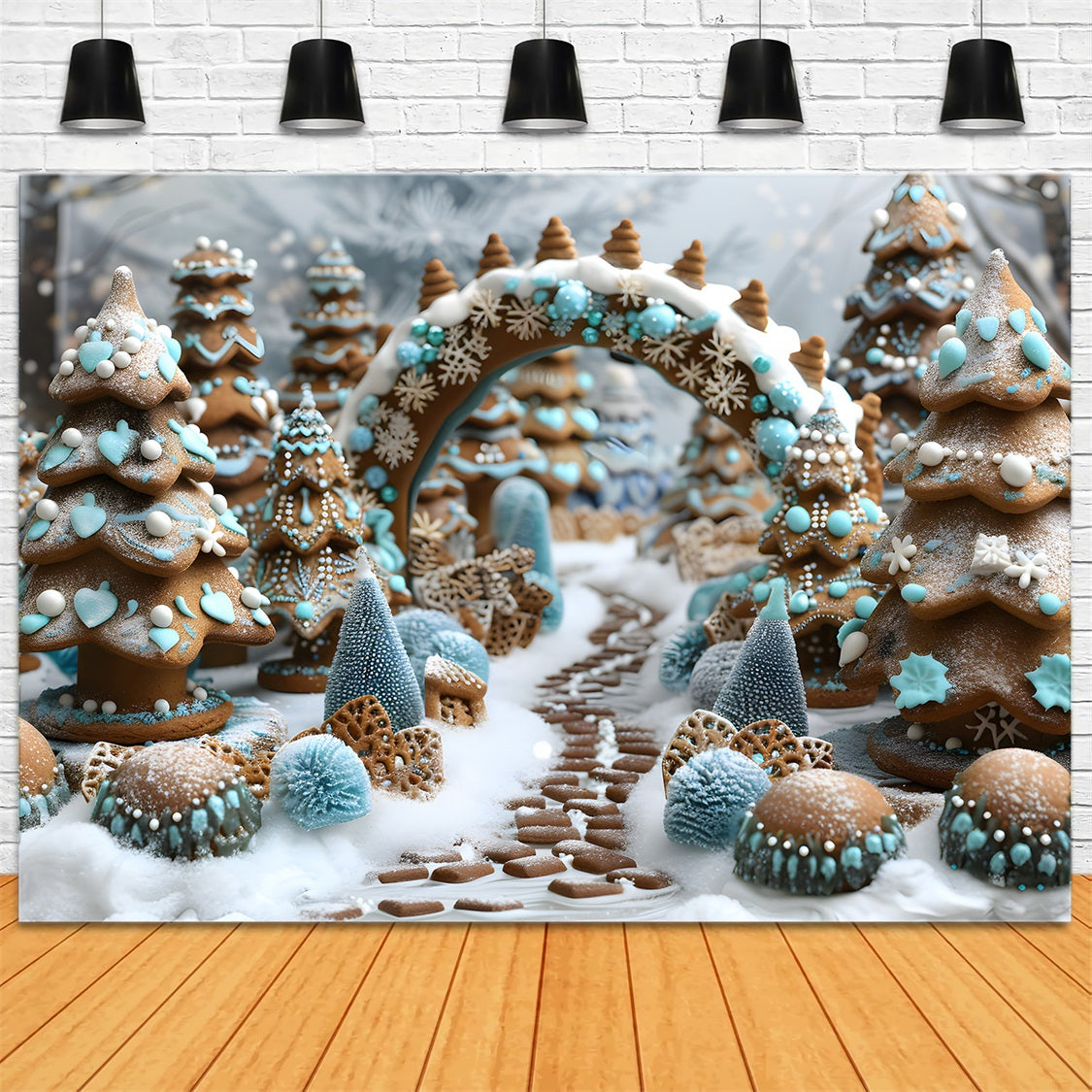 Toile de fond de Noël Chemin Merveilleux Pain d’Épice et Arbres RR7-617