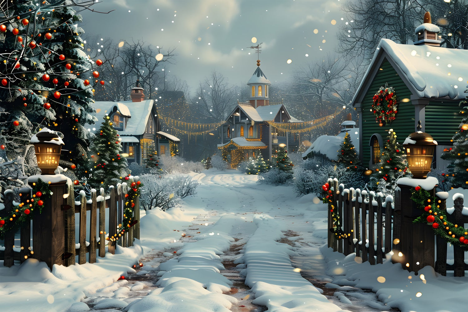 Toile de fond de Noël Scène Nocturne de Village RR7-619