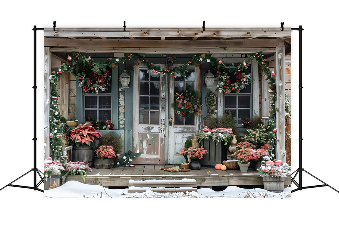 Toile de fond de Noël Porche Rustique avec Poinsettias RR7-625