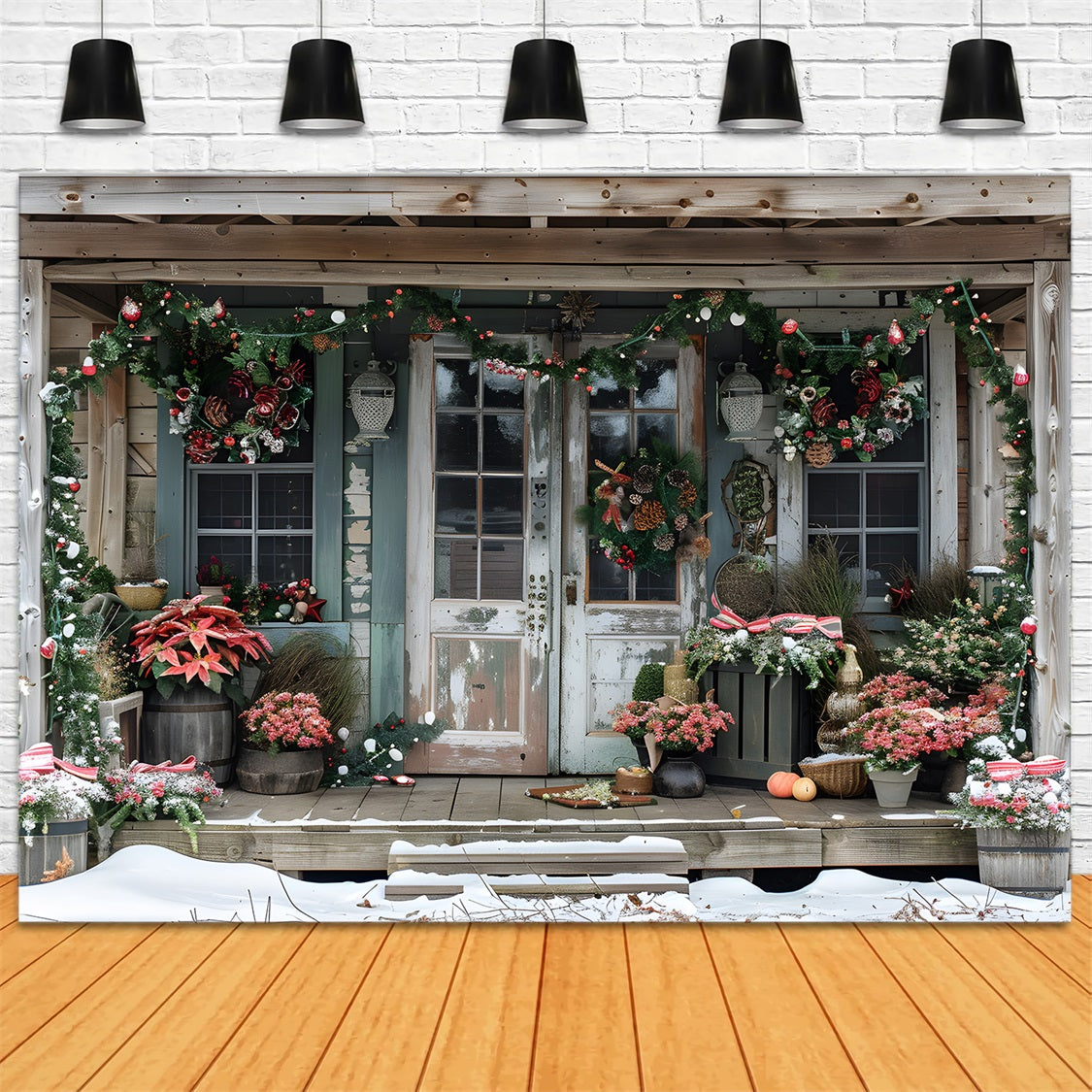 Toile de fond de Noël Porche Rustique avec Poinsettias RR7-625