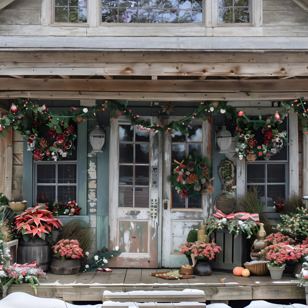 Toile de fond de Noël Porche Rustique avec Poinsettias RR7-625
