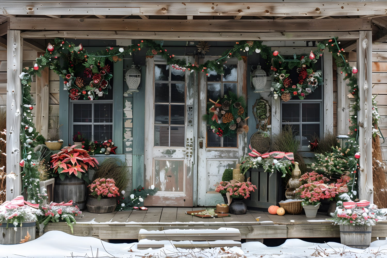 Toile de fond de Noël Porche Rustique avec Poinsettias RR7-625