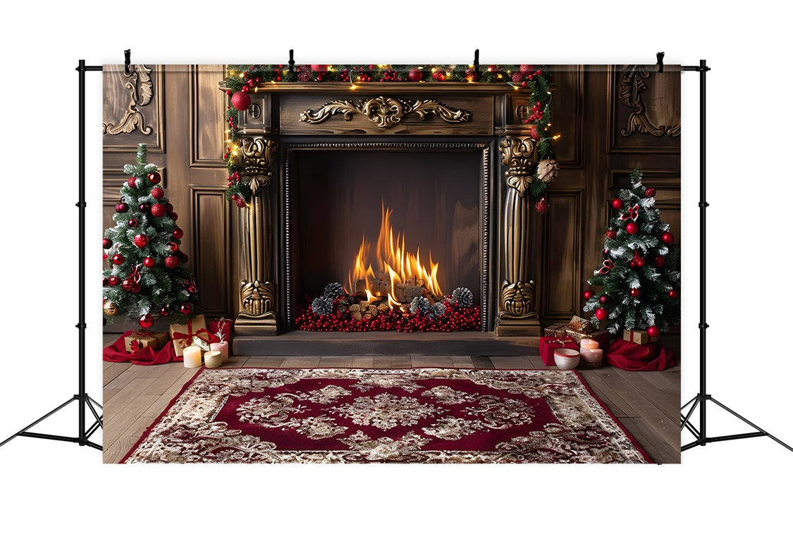 Toile de fond de Noël Cheminée Élégante avec Accents Rouges RR7-631