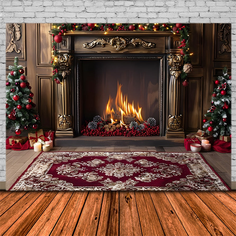 Toile de fond de Noël Cheminée Élégante avec Accents Rouges RR7-631