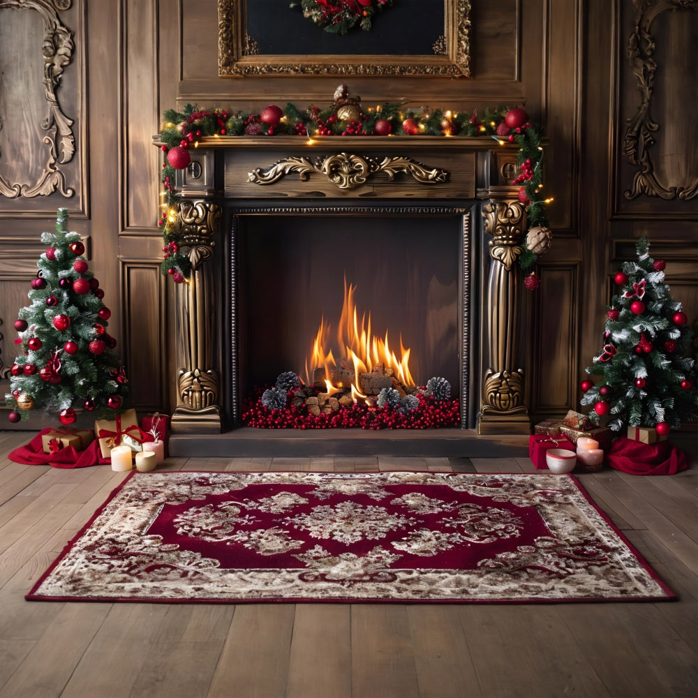 Toile de fond de Noël Cheminée Élégante avec Accents Rouges RR7-631