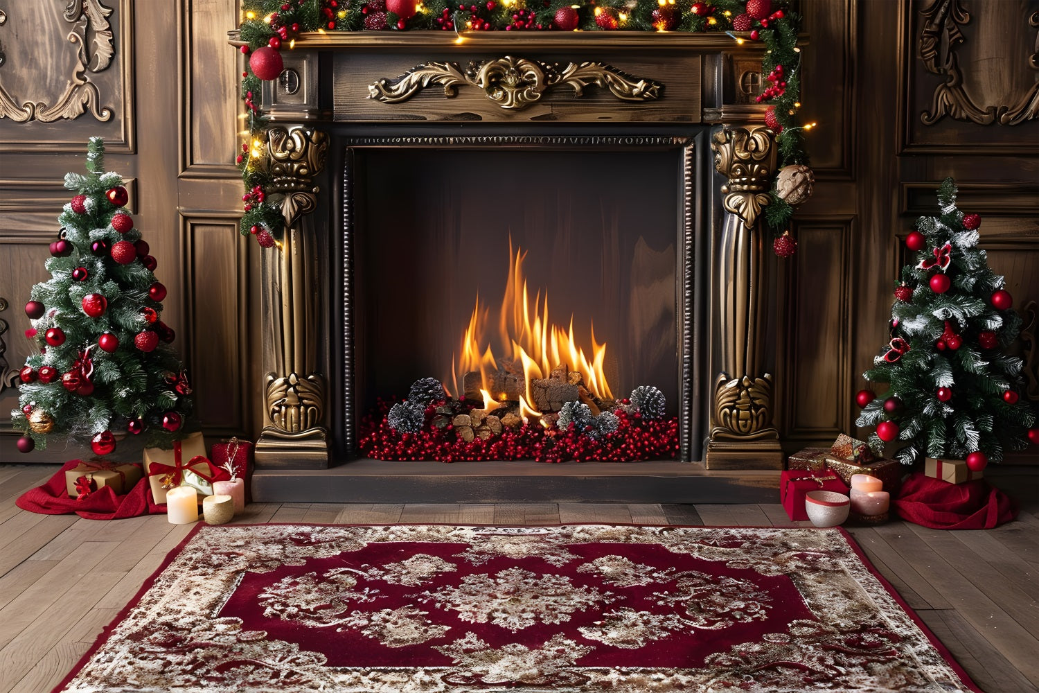 Toile de fond de Noël Cheminée Élégante avec Accents Rouges RR7-631
