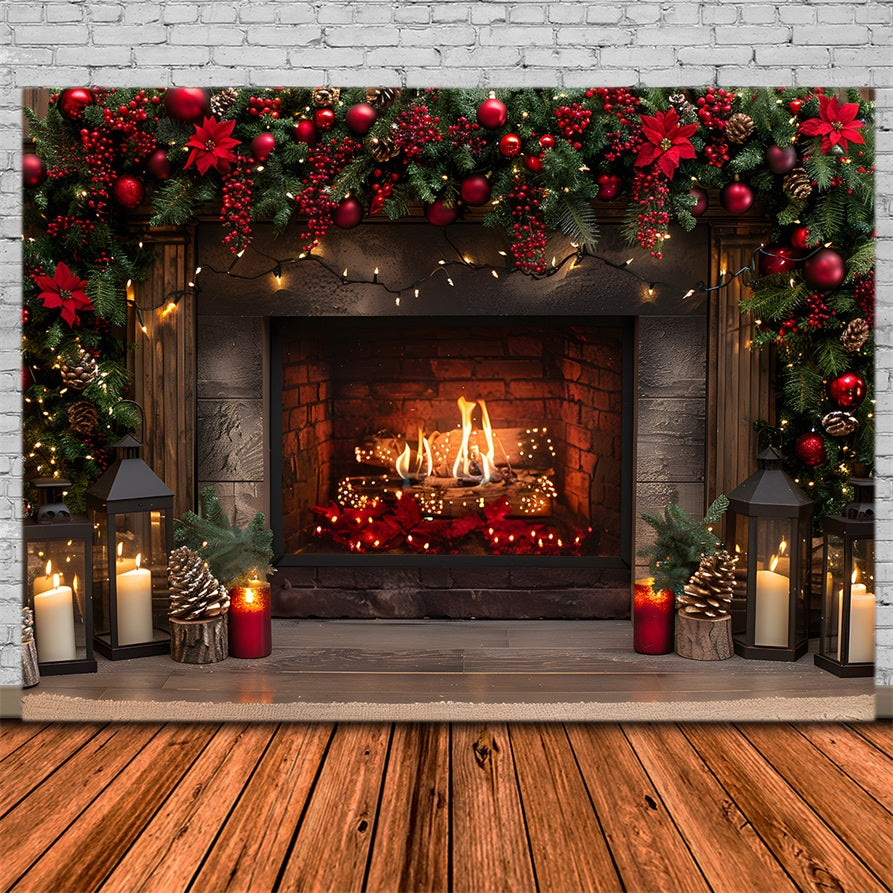 Toile de fond de Noël Cheminée Baies Rouges Lanternes Allumées RR7-632