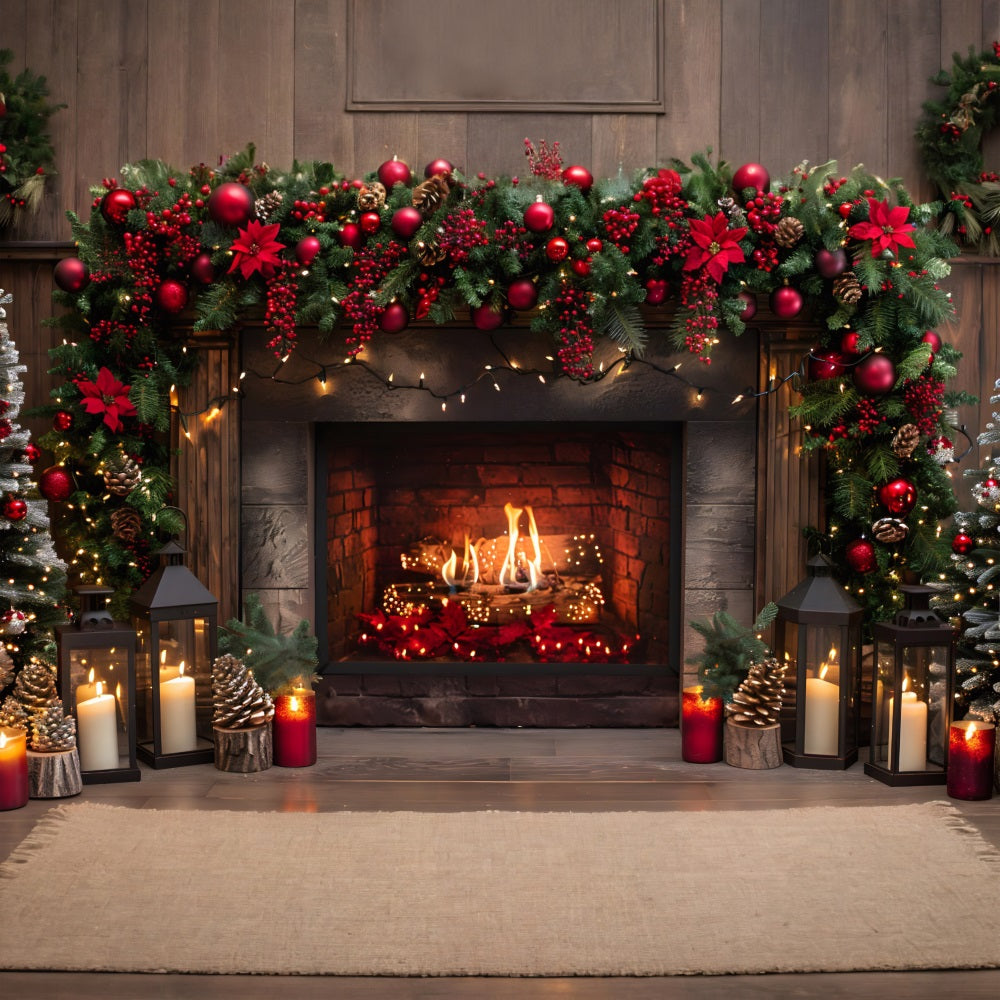 Toile de fond de Noël Cheminée Baies Rouges Lanternes Allumées RR7-632