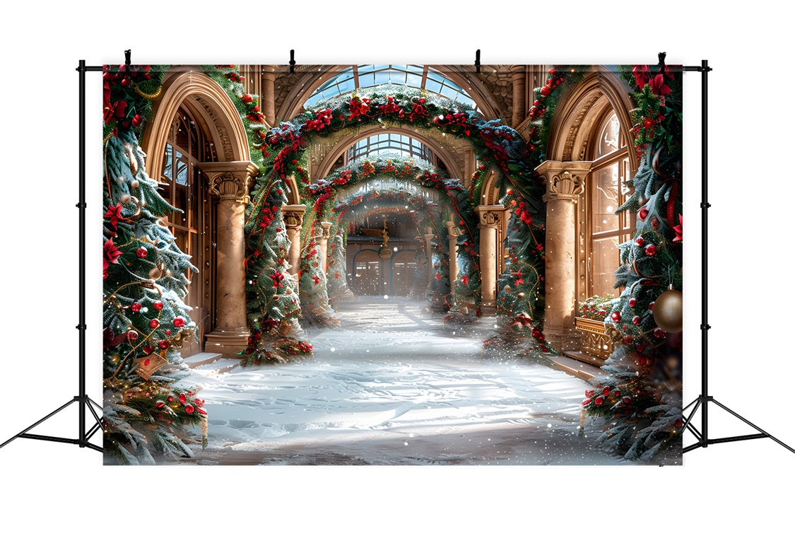 Toile de fond de Noël Hall Élégant avec Guirlandes Festives RR7-634