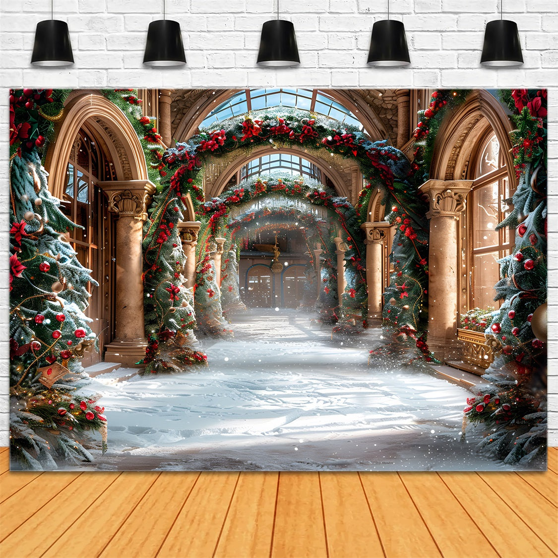 Toile de fond de Noël Hall Élégant avec Guirlandes Festives RR7-634