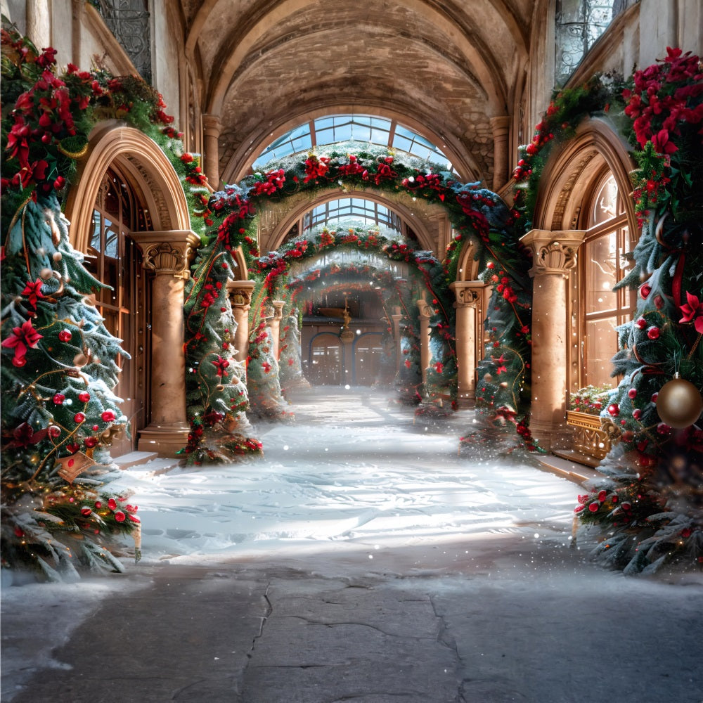 Toile de fond de Noël Hall Élégant avec Guirlandes Festives RR7-634