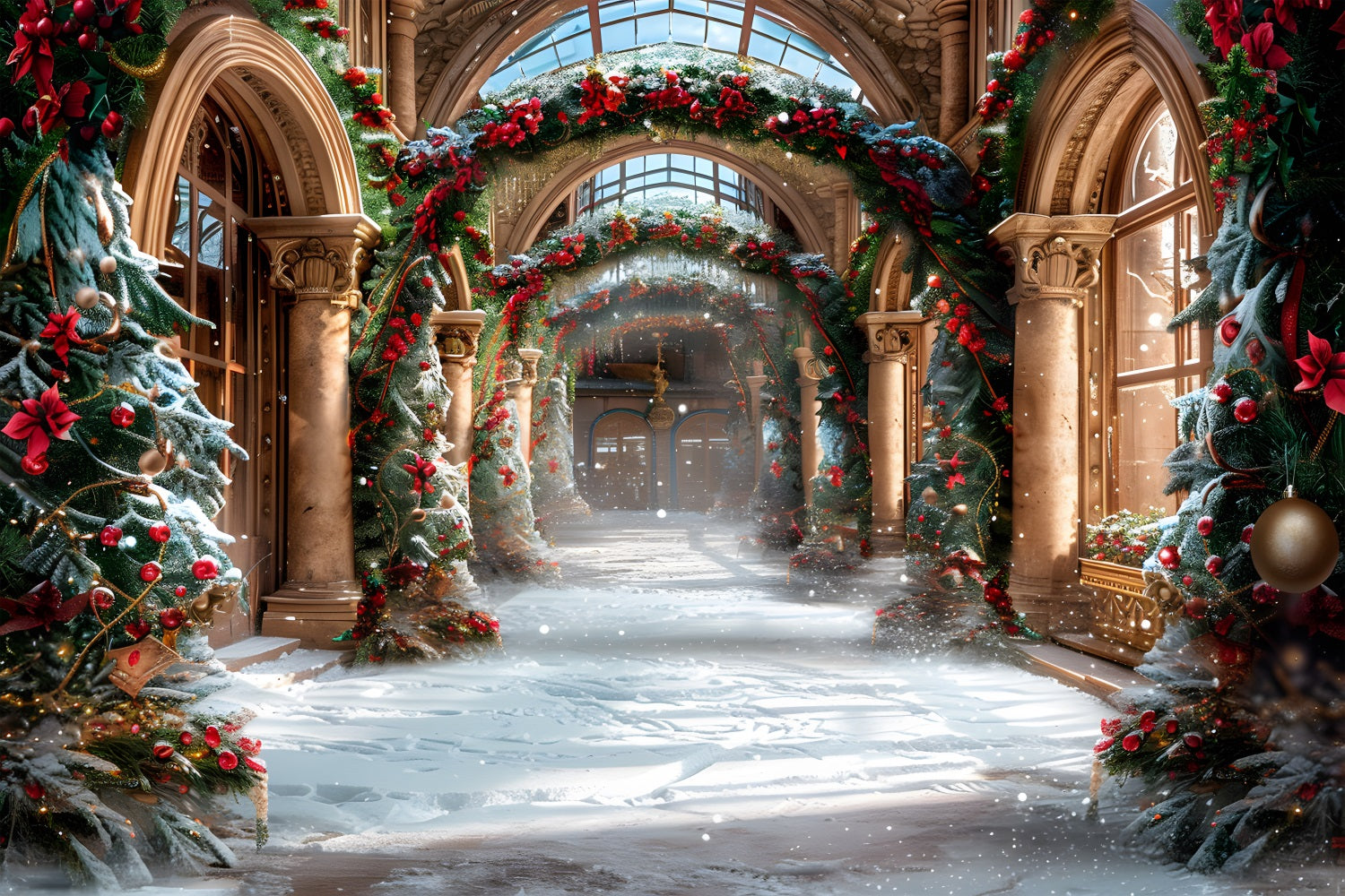 Toile de fond de Noël Hall Élégant avec Guirlandes Festives RR7-634