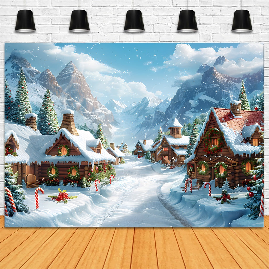 Toile de fond de Noël Chalets Festifs du Village Alpin RR7-641