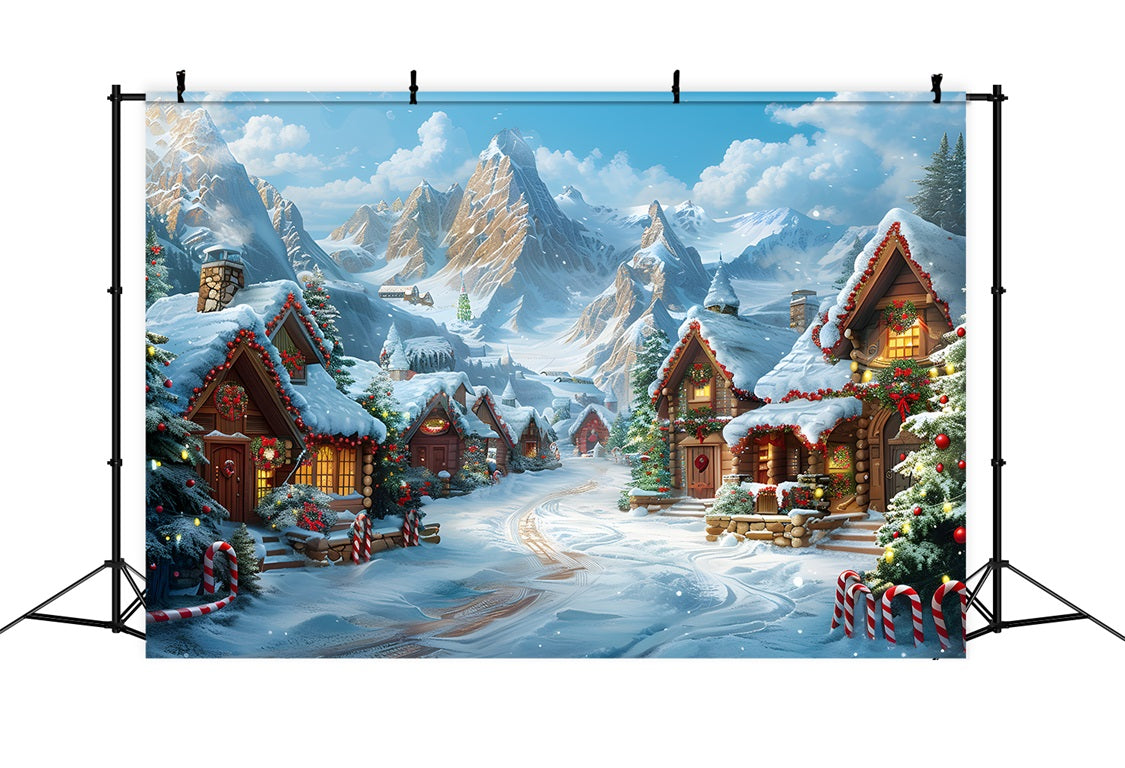 Toile de fond de Noël Cabines Enneigées du Village RR7-642