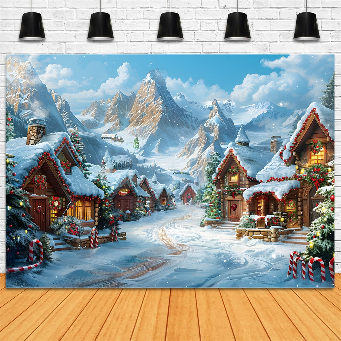 Toile de fond de Noël Cabines Enneigées du Village RR7-642