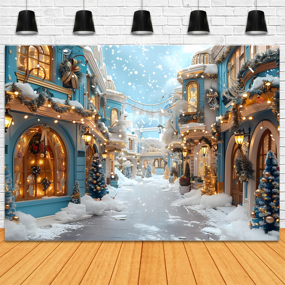 Toile de fond de Noël Village Enneigé avec Décorations Bleues Festives RR7-646
