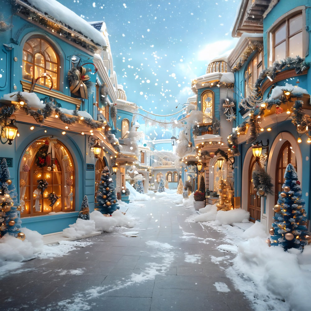 Toile de fond de Noël Village Enneigé avec Décorations Bleues Festives RR7-646