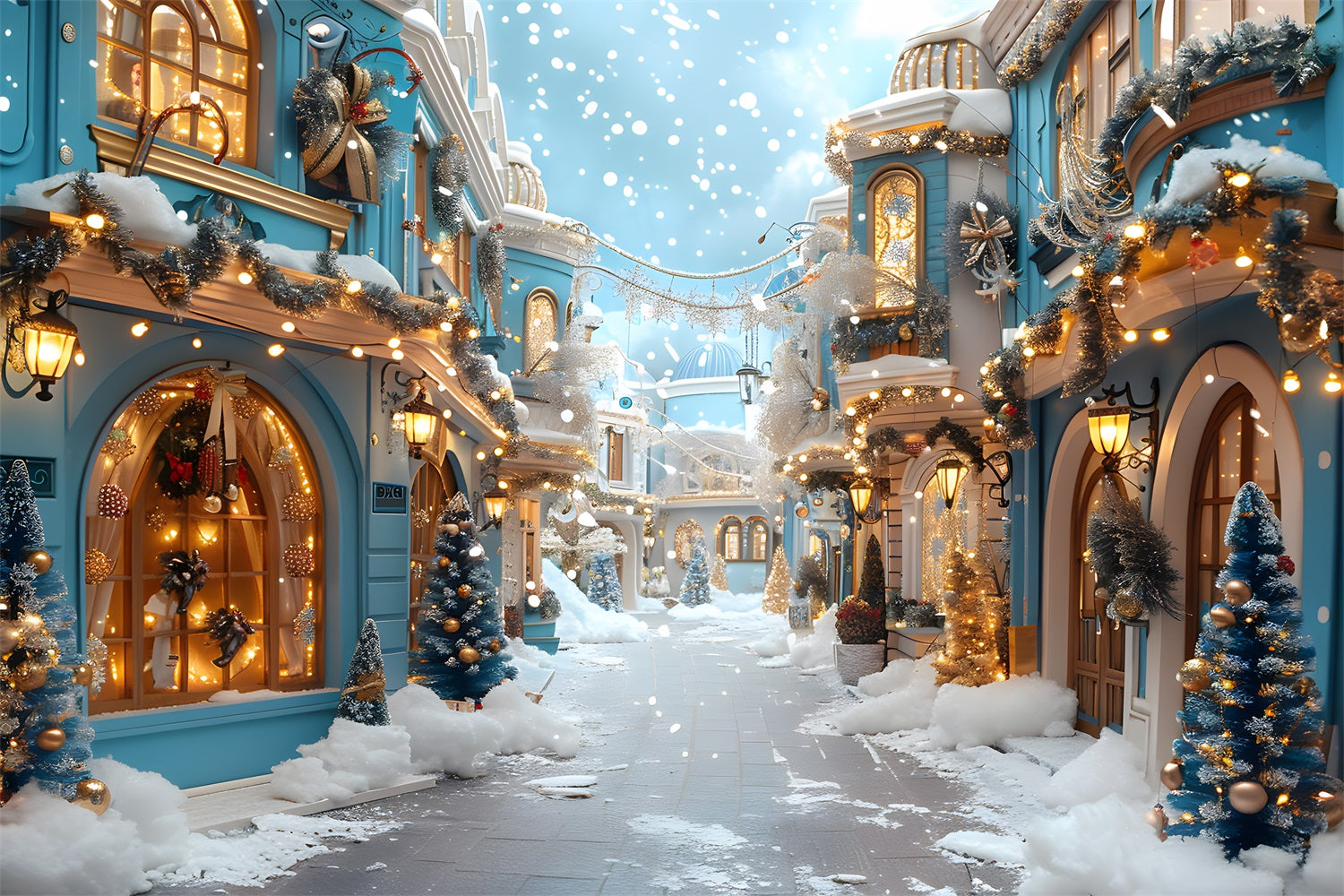 Toile de fond de Noël Village Enneigé avec Décorations Bleues Festives RR7-646