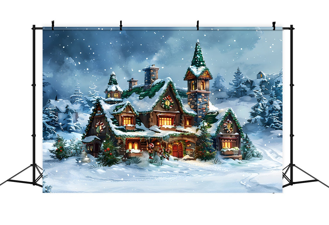 Toile de fond de Noël Cottage de Conte de Fées Enneigé en Forêt Hivernale RR7-651